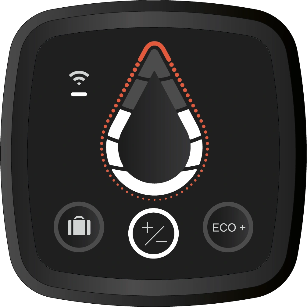 LINEO 原廠 WaterDrop 操作介面，展示水滴光示、手動調整與 Eco+ 模式