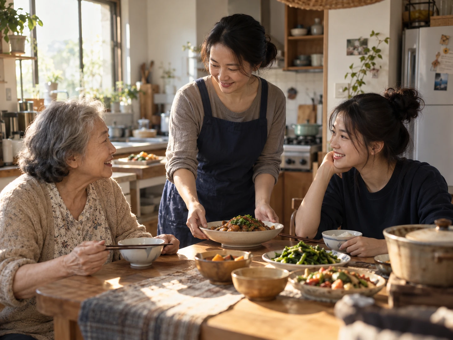 祖母、母親與女兒在溫暖的家中一起準備餐食