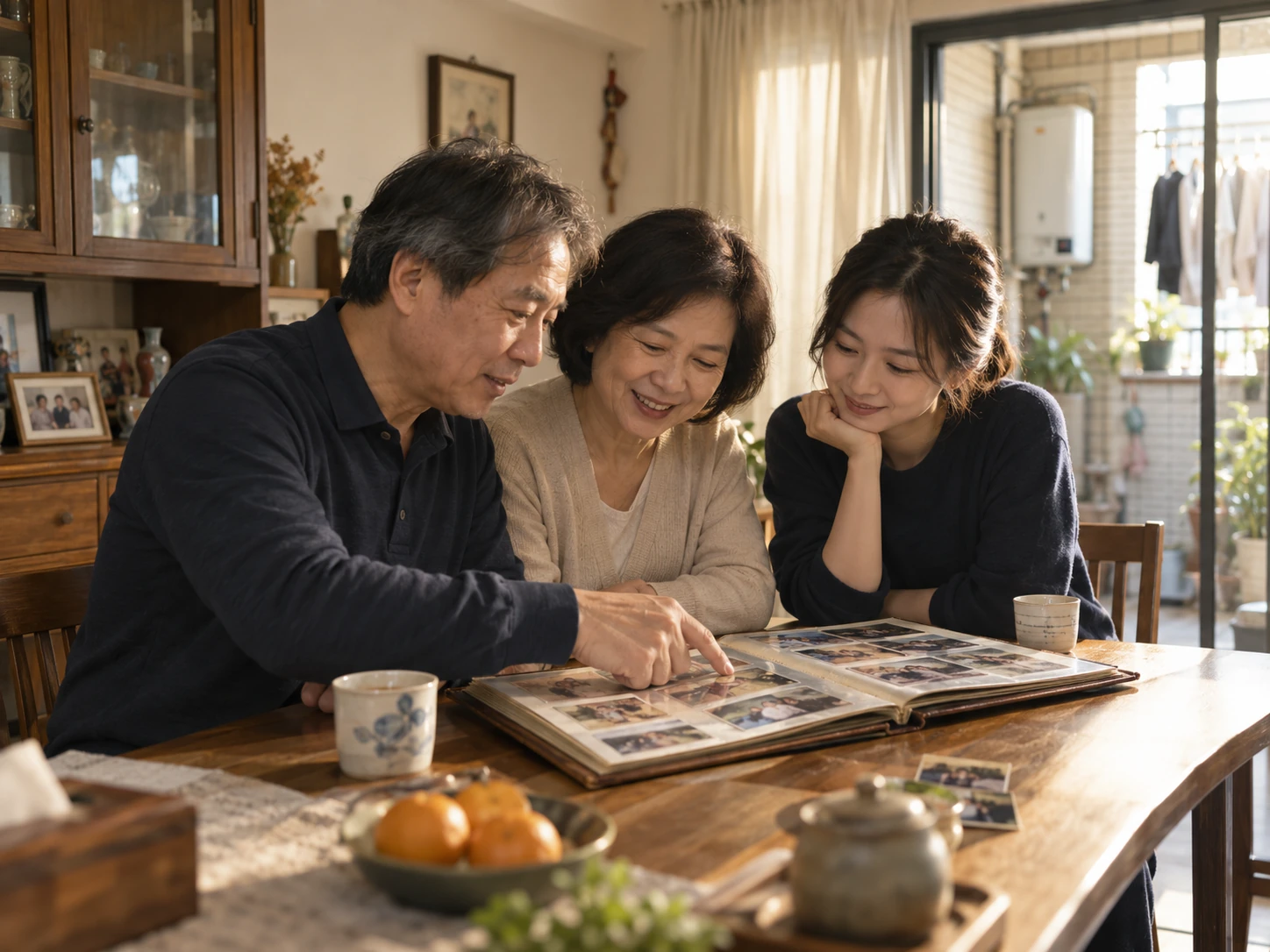 父母與成年孩子一起翻閱家庭相簿，回望孩子成長的記憶