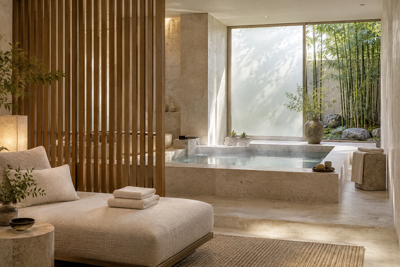 石材與暖木構成的高質感 SPA 會館（空間情境示意）